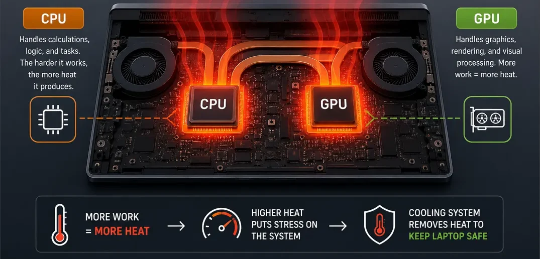 Laptop CPU and GPU generating heat inside a laptop with visible thermal glow