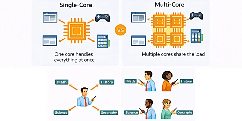 CPU cores comparison single core vs multi core with teacher analogy showing one teacher handling multiple subjects versus multiple teachers handling tasks in parallel