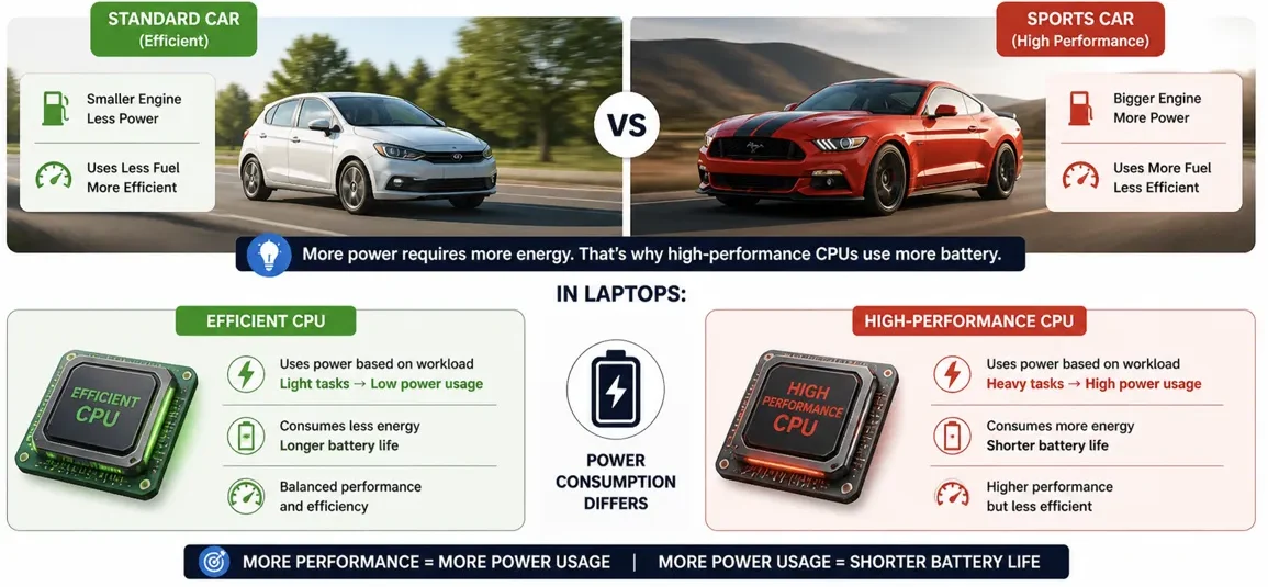 Comparison between efficient CPU and high-performance CPU showing difference in power usage and battery impact