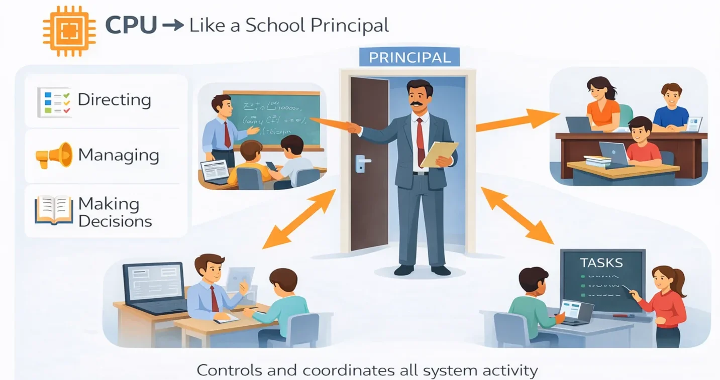 CPU explained as a school principal controlling multiple classroom activities and tasks in a system diagram