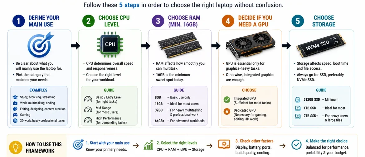 Step by step laptop buying decision framework showing use case CPU RAM GPU and storage selection
