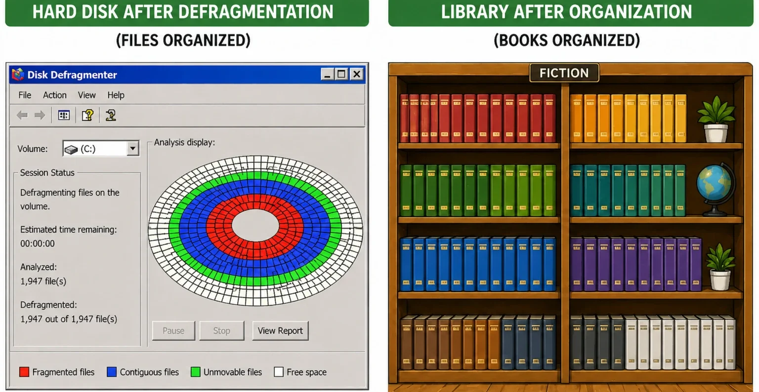 defragmented hard disk and neatly organized library shelves showing efficient storage