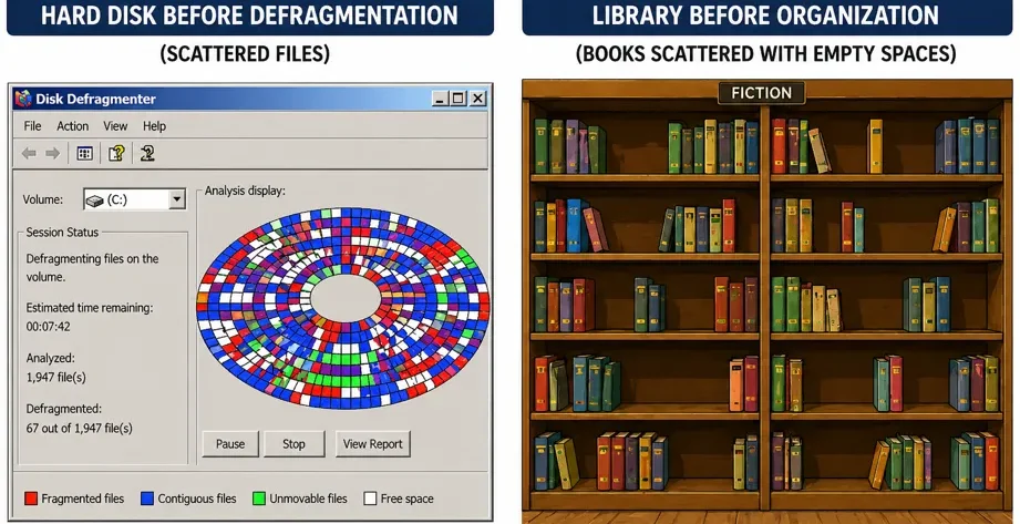 fragmented hard disk and disorganized library shelves with gaps between books