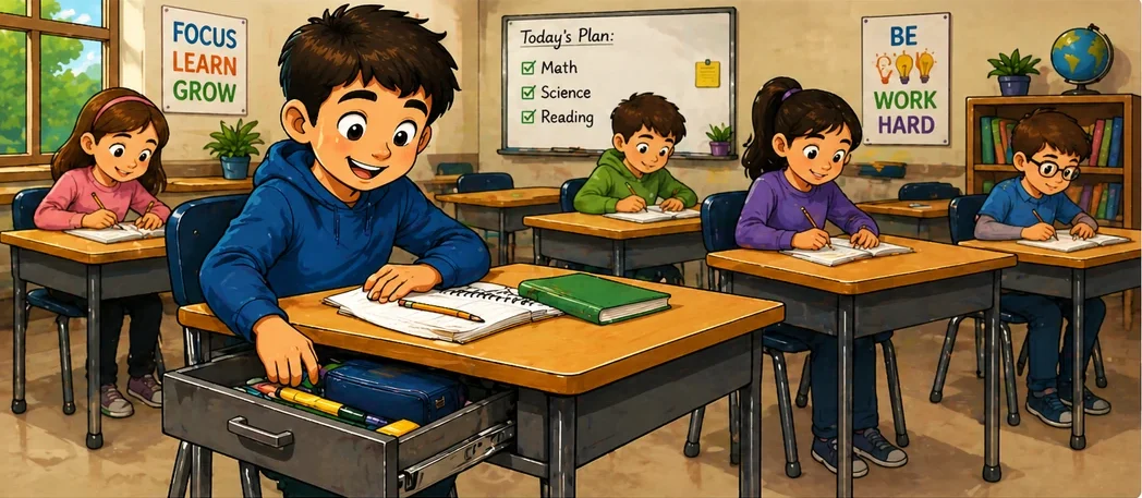 student using desk drawer in classroom showing instant access without walking or waiting