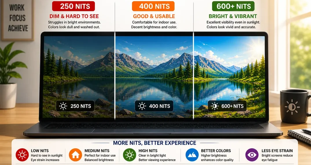 Laptop screen showing brightness differences at 250, 400, and 600 nits