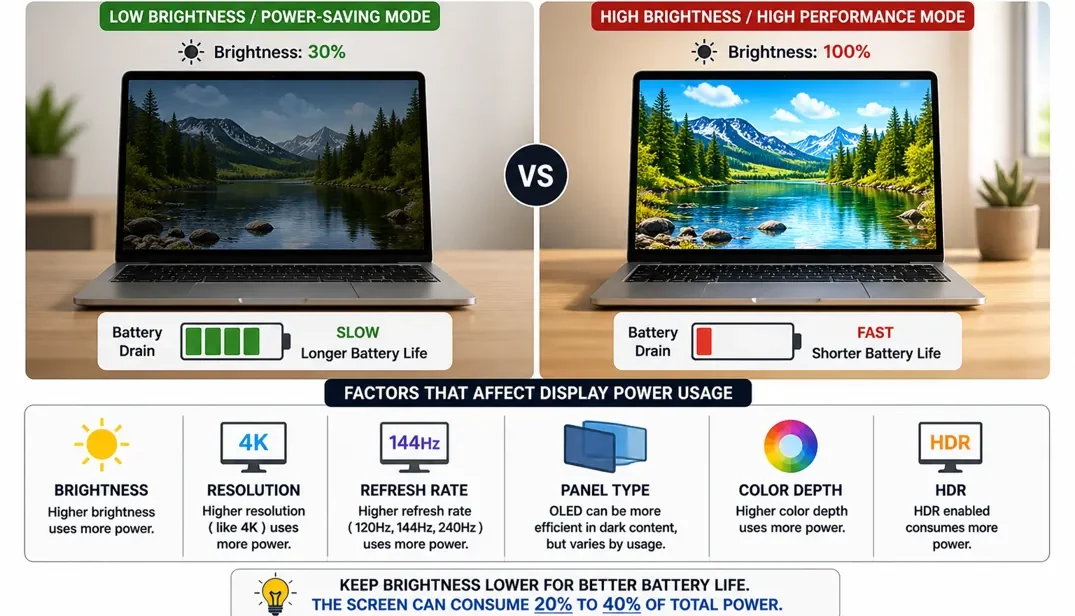 Laptop screen brightness comparison showing how higher brightness drains battery faster