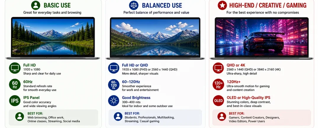 Laptop display guide for basic, balanced, and high-end use