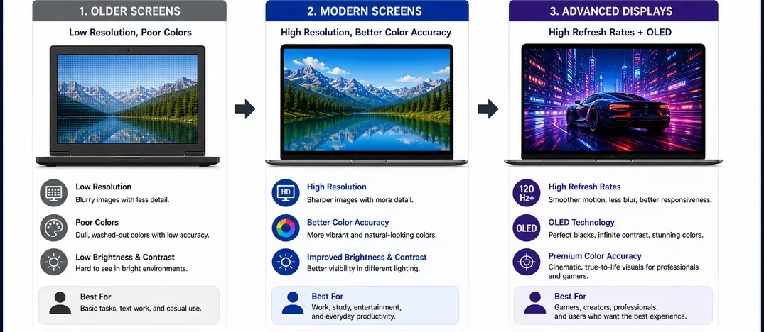 Evolution of laptop displays from older to modern to advanced