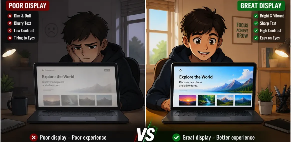 Laptop display comparison showing poor vs high-quality screen experience