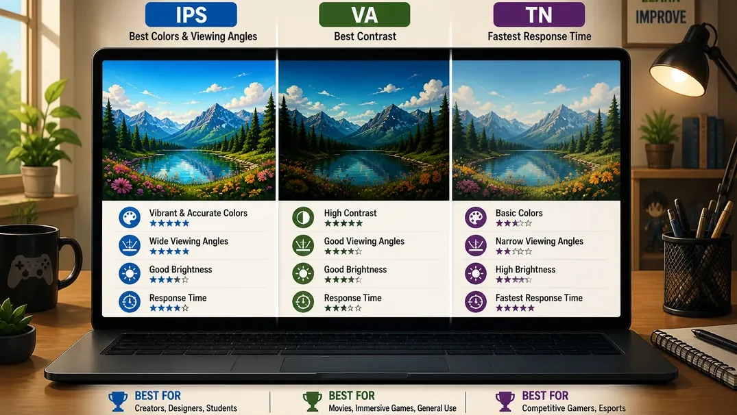 Laptop screen comparing IPS, VA, and TN display panel types