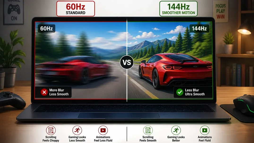 Laptop screen showing 60Hz vs 144Hz refresh rate comparison