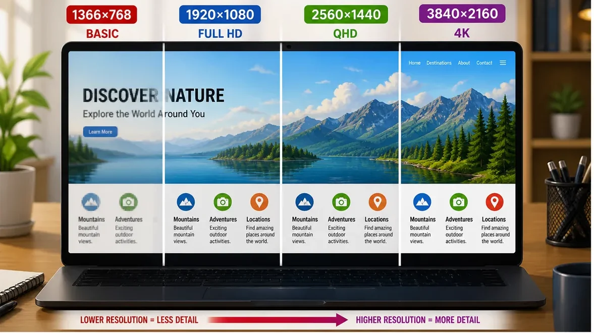 Laptop screen showing resolution differences from 1366x768 to 4K