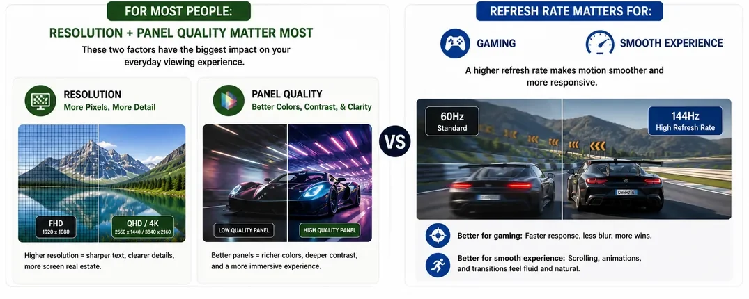 Laptop display guide showing resolution and panel quality vs refresh rate importance