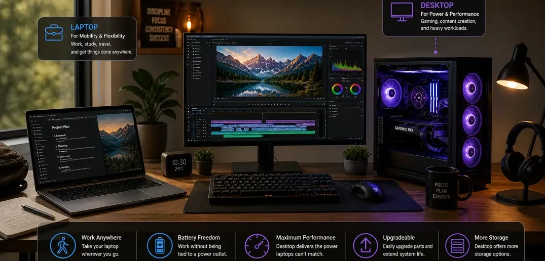 Laptop and desktop dual setup on a desk showing mobility and performance working together