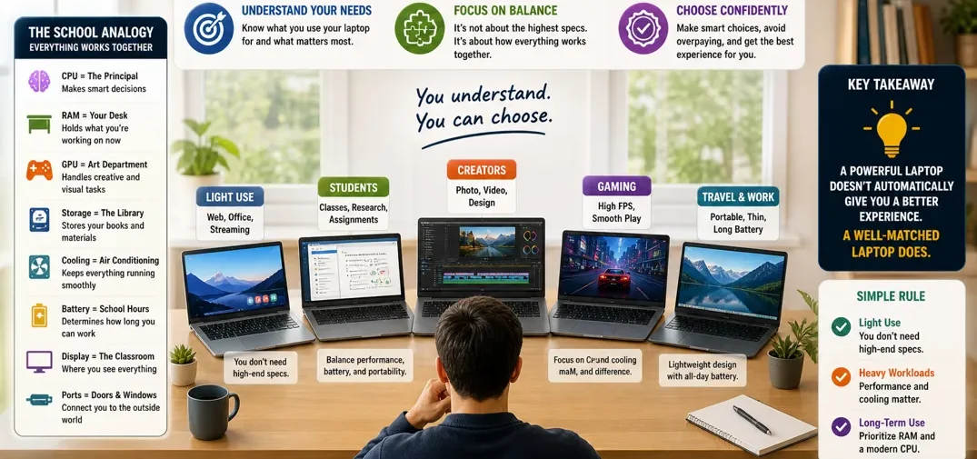 Laptop buying final decision scene showing user confidently choosing the right laptop based on needs