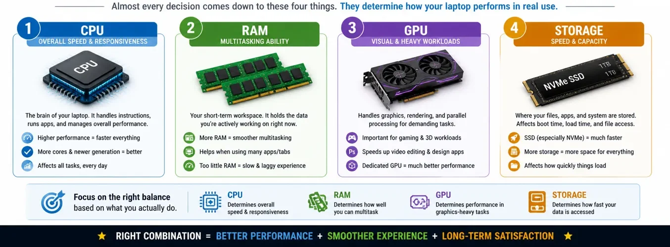 Four key laptop components CPU RAM GPU and storage explained visually