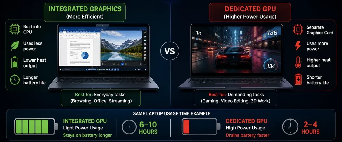 Comparison of integrated graphics and dedicated GPU showing difference in battery life and power usage