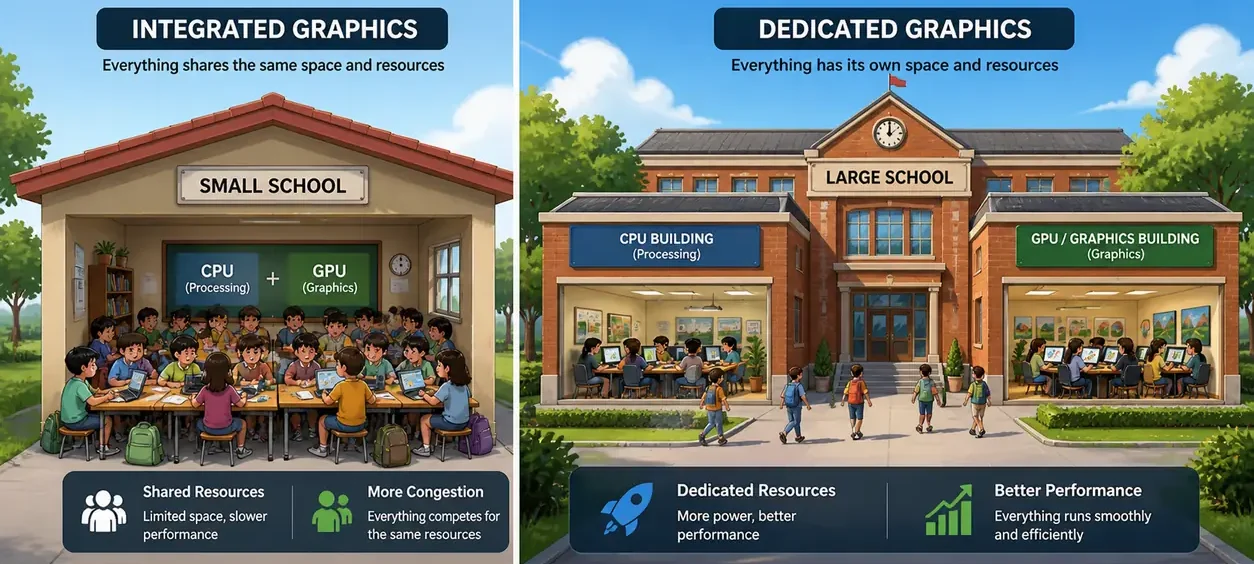 Illustration comparing integrated graphics and dedicated graphics using a small school versus large school analogy