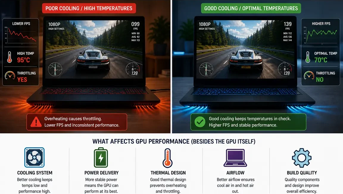 Comparison of laptop GPU performance with poor cooling versus good cooling showing temperature and performance differences