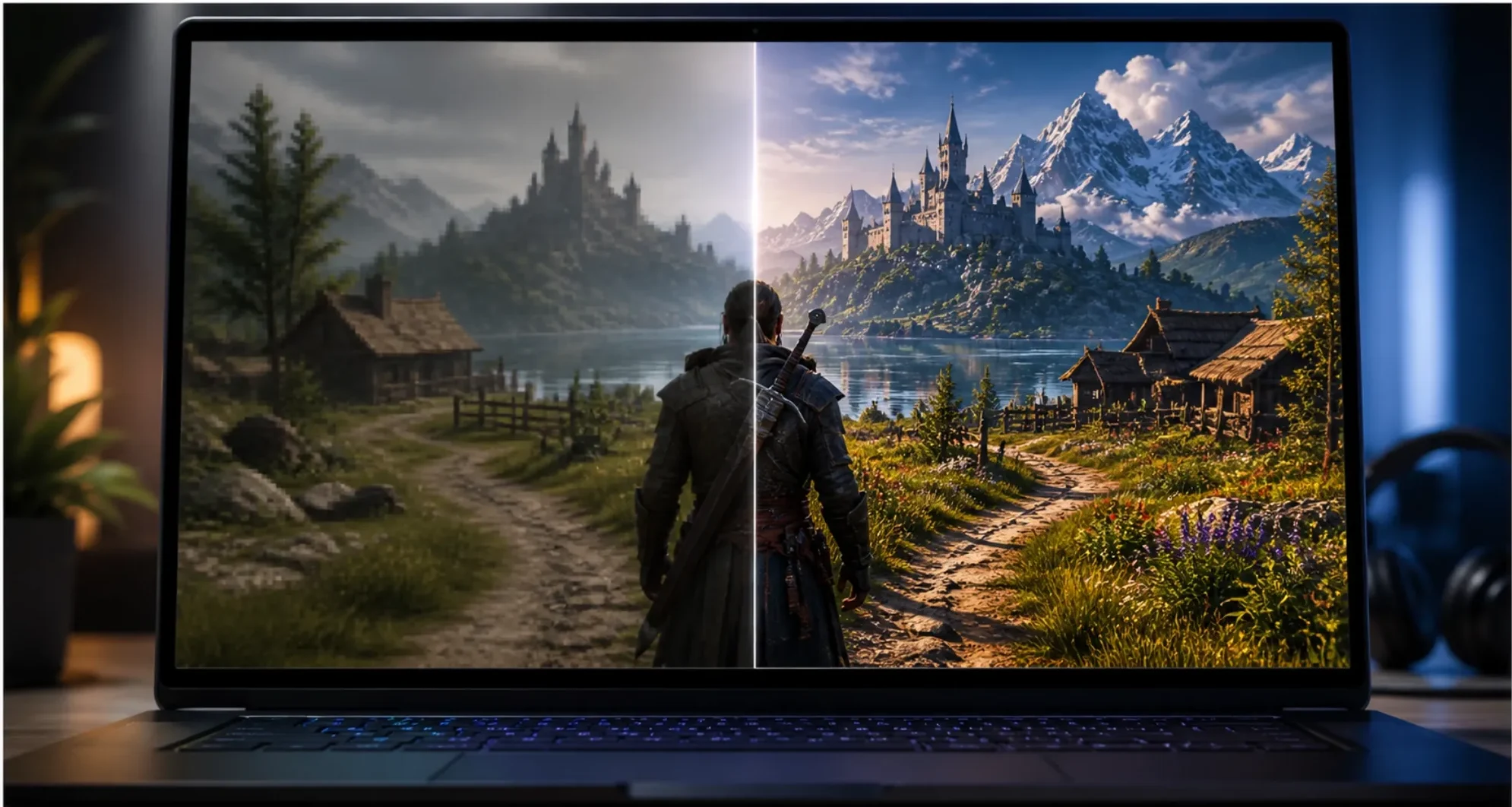 GPU performance comparison showing low vs high graphics quality in a game scene