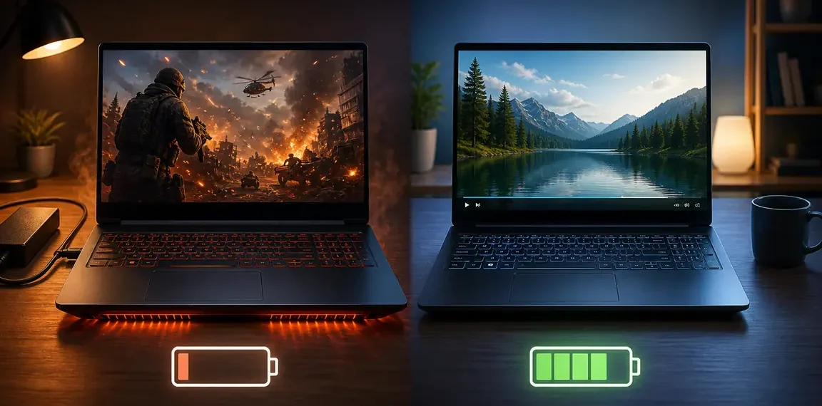 Comparison of two laptops showing high GPU power usage with low battery versus efficient usage with longer battery life