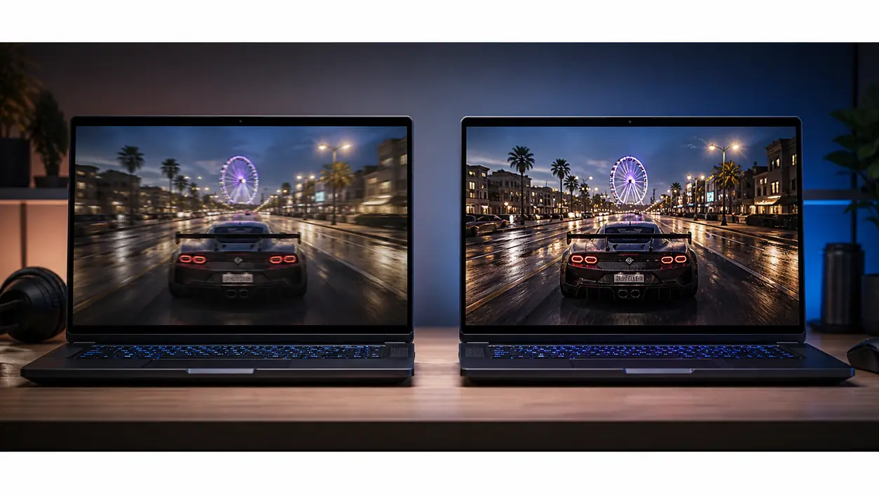 Two identical laptops showing different graphics performance in a game, demonstrating the impact of GPU power