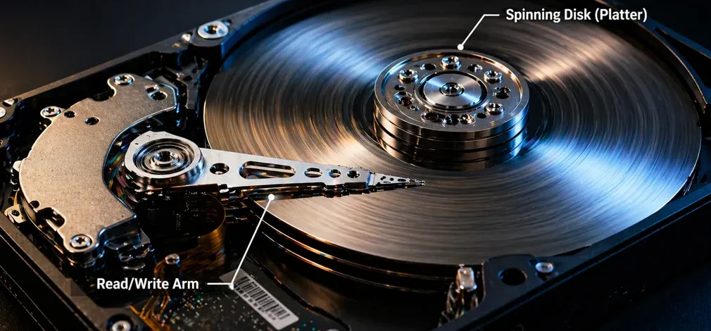 hard disk drive showing spinning platter and read write arm labeled internal components