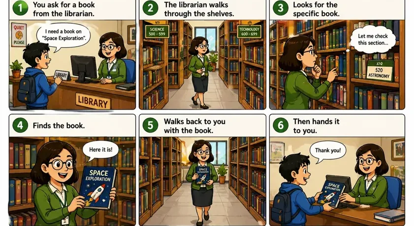 hdd explained as library process asking librarian finding and returning a book