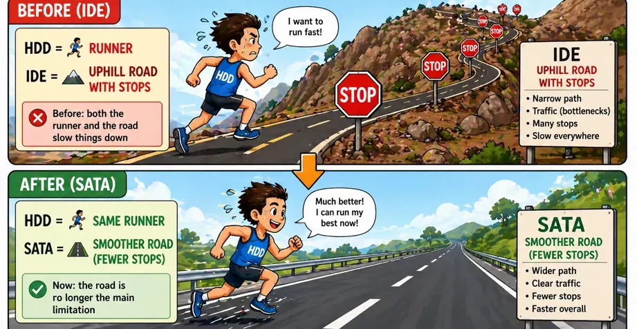 runner on uphill road with stops versus smooth road explaining ide vs sata performance