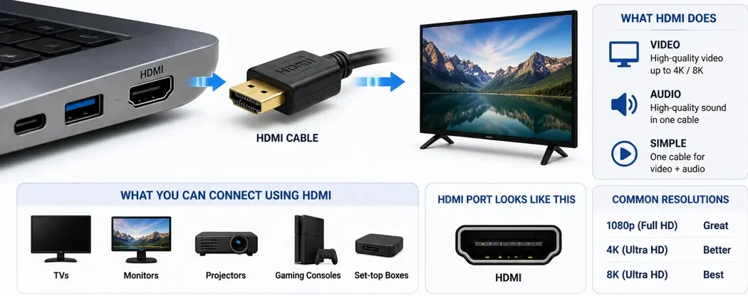 Laptop connected to an external monitor using HDMI showing video and audio output