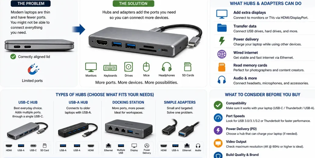 Laptop connected to a USB hub showing how adapters expand ports for multiple devices