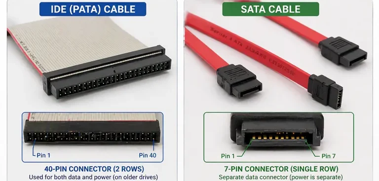 ide and sata cables comparison showing connector pins and differences