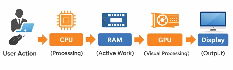 Simple diagram showing how a laptop works with CPU, RAM, GPU, and display flow