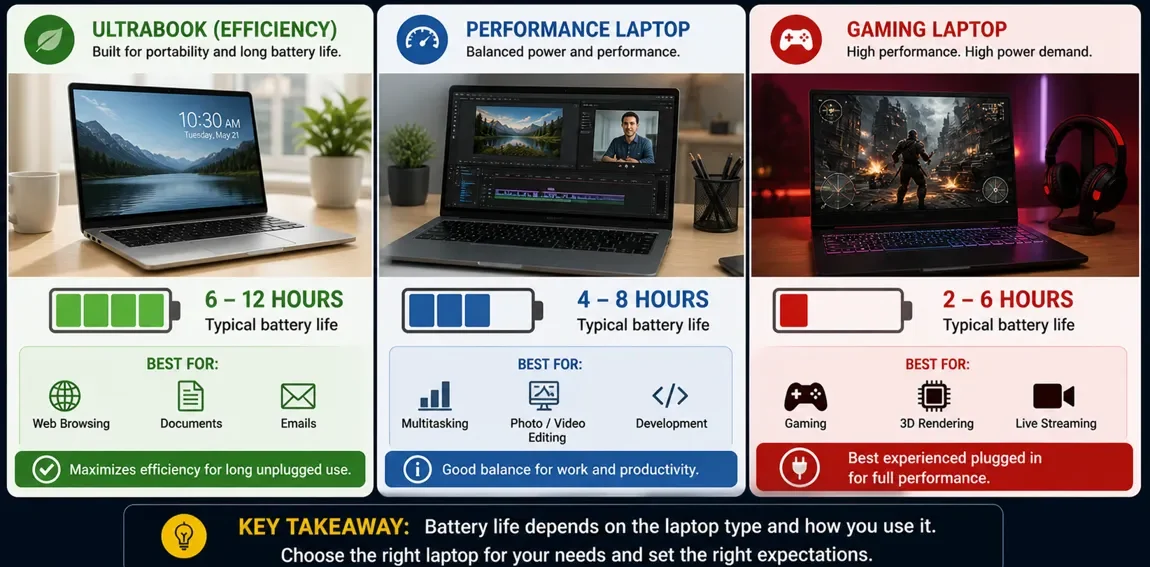 Comparison of ultrabook, performance laptop, and gaming laptop showing typical battery life differences