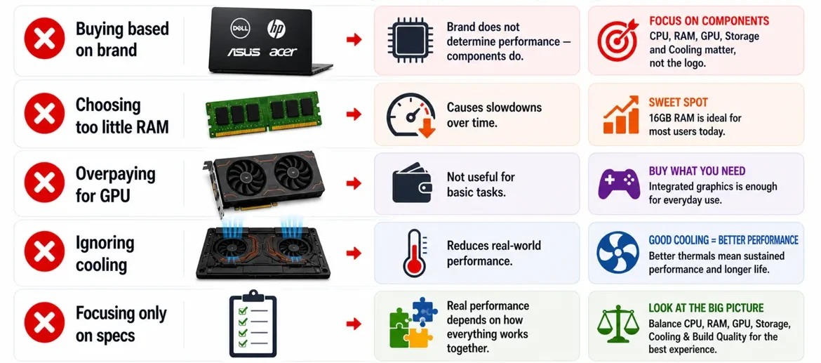 Common laptop buying mistakes infographic including brand RAM GPU cooling and specs decisions
