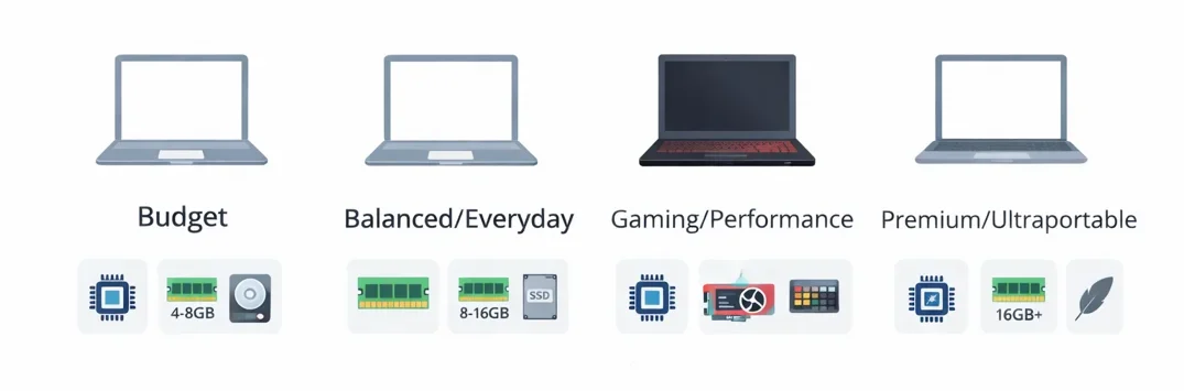 Overview of laptop categories including budget everyday gaming and premium laptops with different performance levels