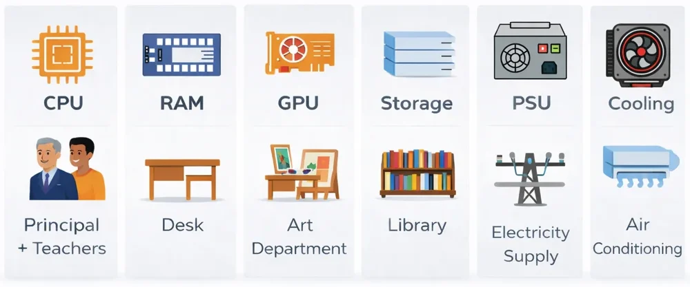 Simple visual explaining laptop components using a school analogy including CPU, RAM, GPU, storage, PSU and cooling