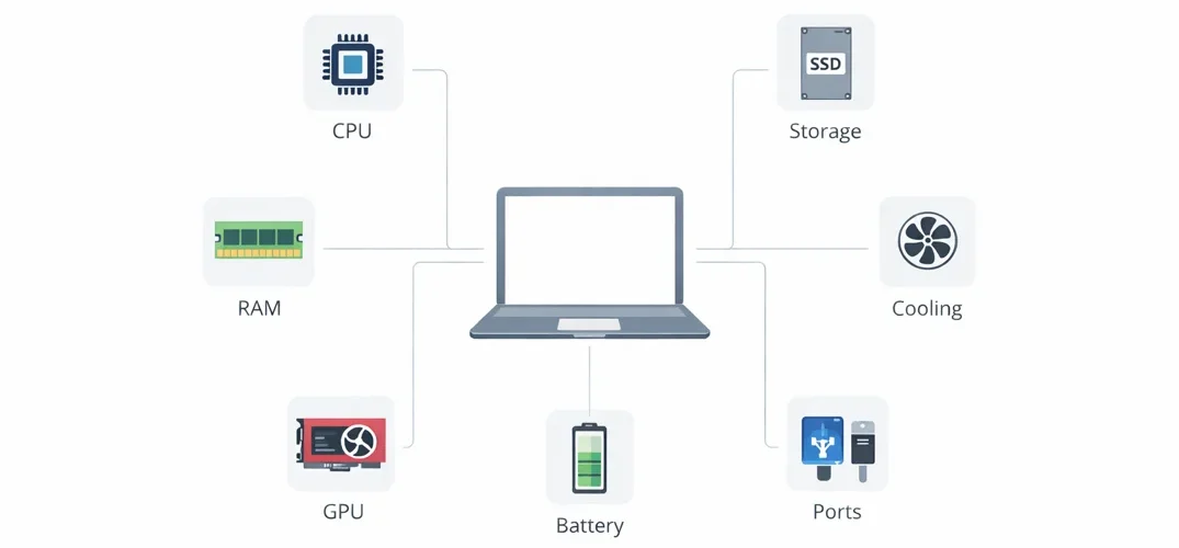 Zoomed out diagram of laptop components including CPU RAM GPU storage cooling battery and ports connected around a central laptop