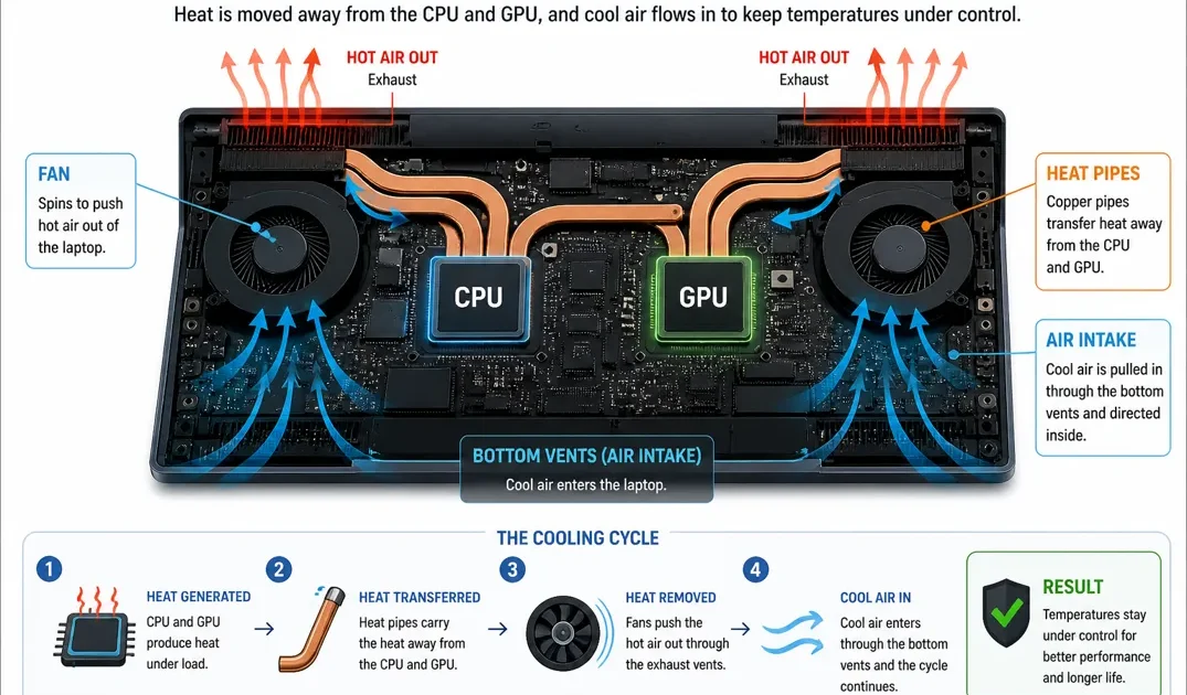 Laptop cooling system showing fans, heat pipes, and airflow removing heat from CPU and GPU