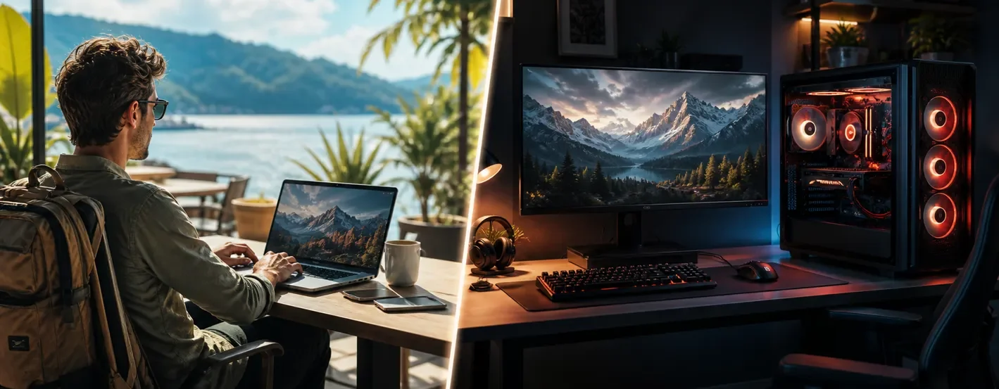 Laptop vs desktop setup showing portable workspace outdoors and powerful desktop workstation indoors
