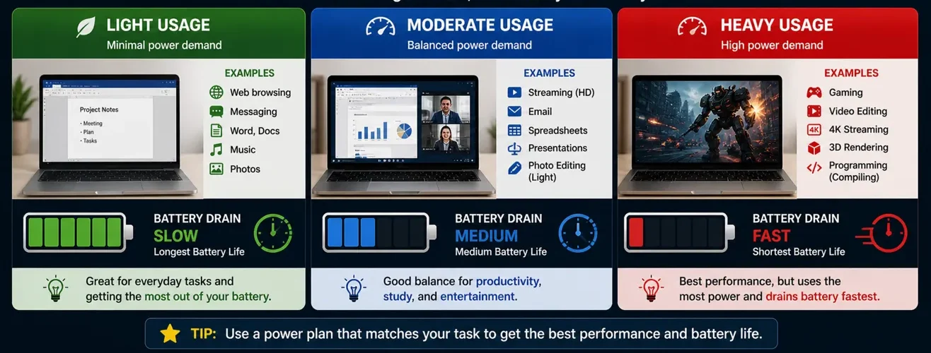 Comparison of light, moderate, and heavy laptop usage showing different battery drain speeds