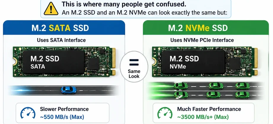 m2 sata vs m2 nvme comparison showing same size but different performance speeds