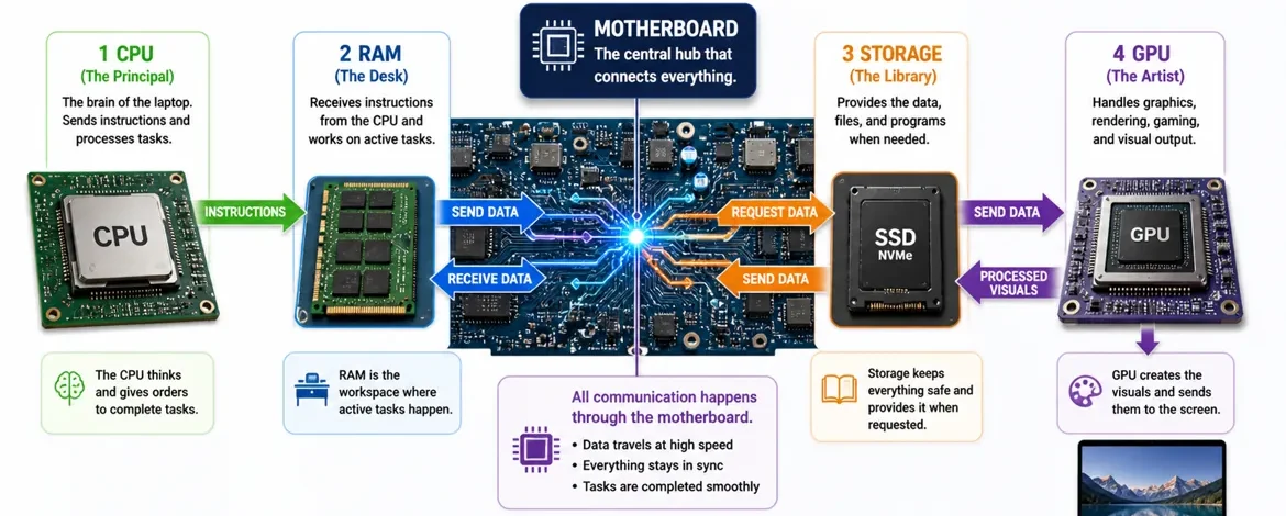 Diagram showing how CPU, RAM, storage, and GPU communicate through the motherboard with data flow arrows
