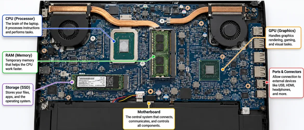 Laptop motherboard with labeled components including CPU, RAM, storage, GPU, and ports showing how everything connects