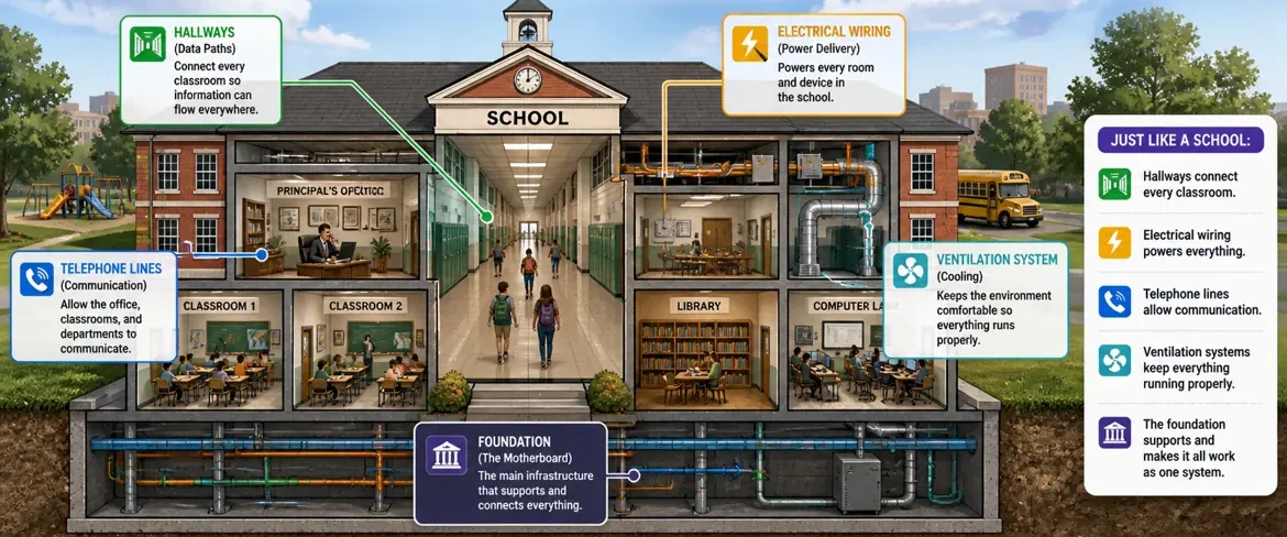School infrastructure analogy showing hallways, wiring, communication lines, and systems explaining how a motherboard connects laptop components