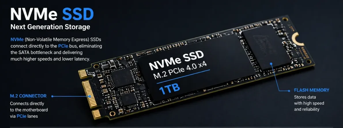 nvme ssd installed on motherboard showing high speed solid state storage