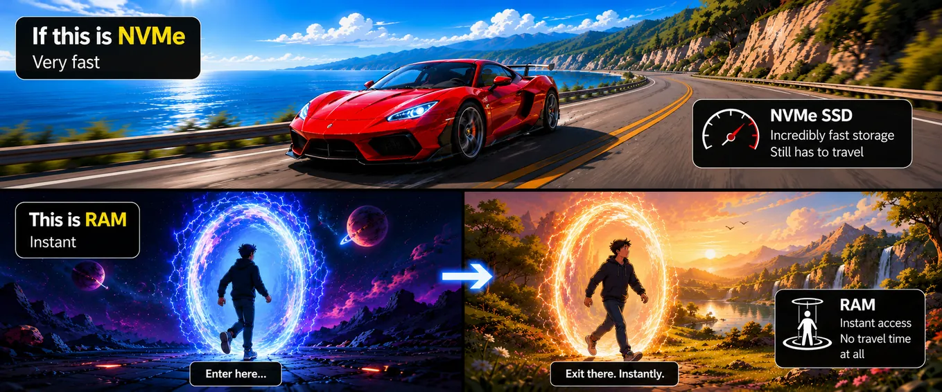 NVMe SSD versus RAM speed comparison using a sports car and teleportation portal analogy.