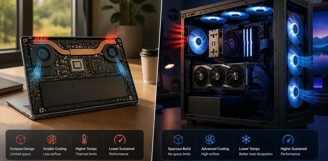 Laptop vs desktop cooling and performance comparison showing compact laptop airflow and larger desktop cooling system