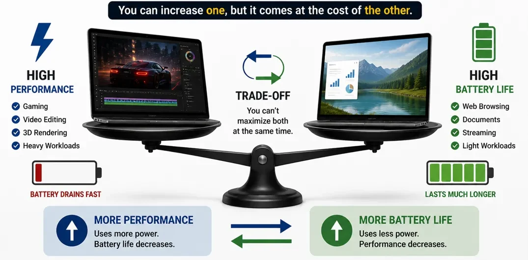 Balance scale showing trade-off between laptop performance and battery life