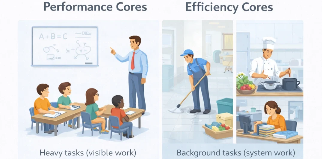 Performance cores vs efficiency cores illustrated with teacher teaching class and school staff handling background tasks